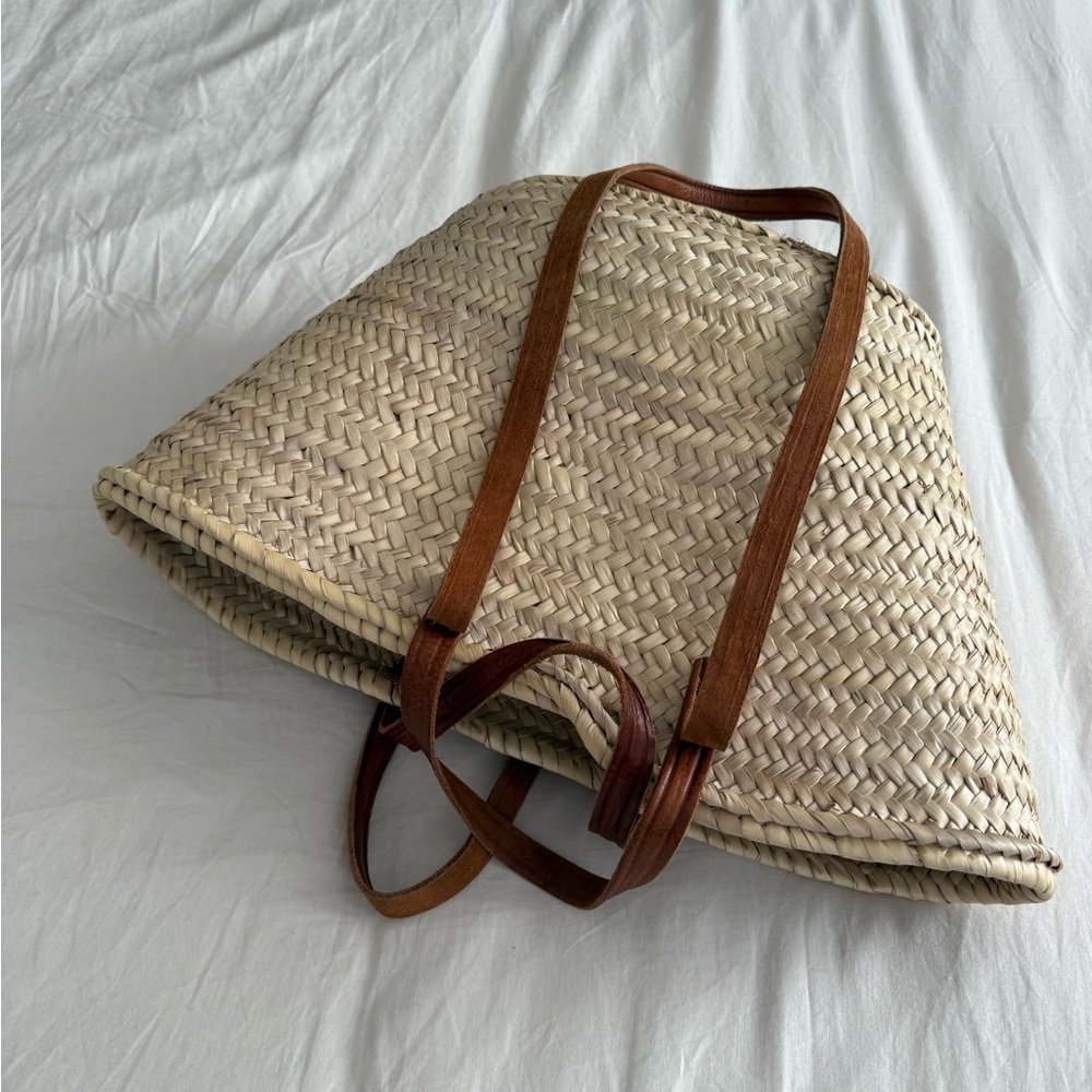 Woven Tan Tote Bag with Brown Straps